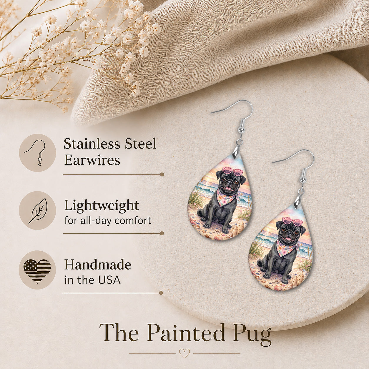 Black Pug Beach Sunset Teardrop Earrings