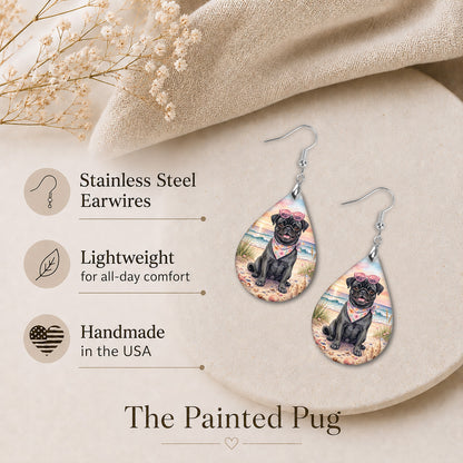 Black Pug Beach Sunset Teardrop Earrings