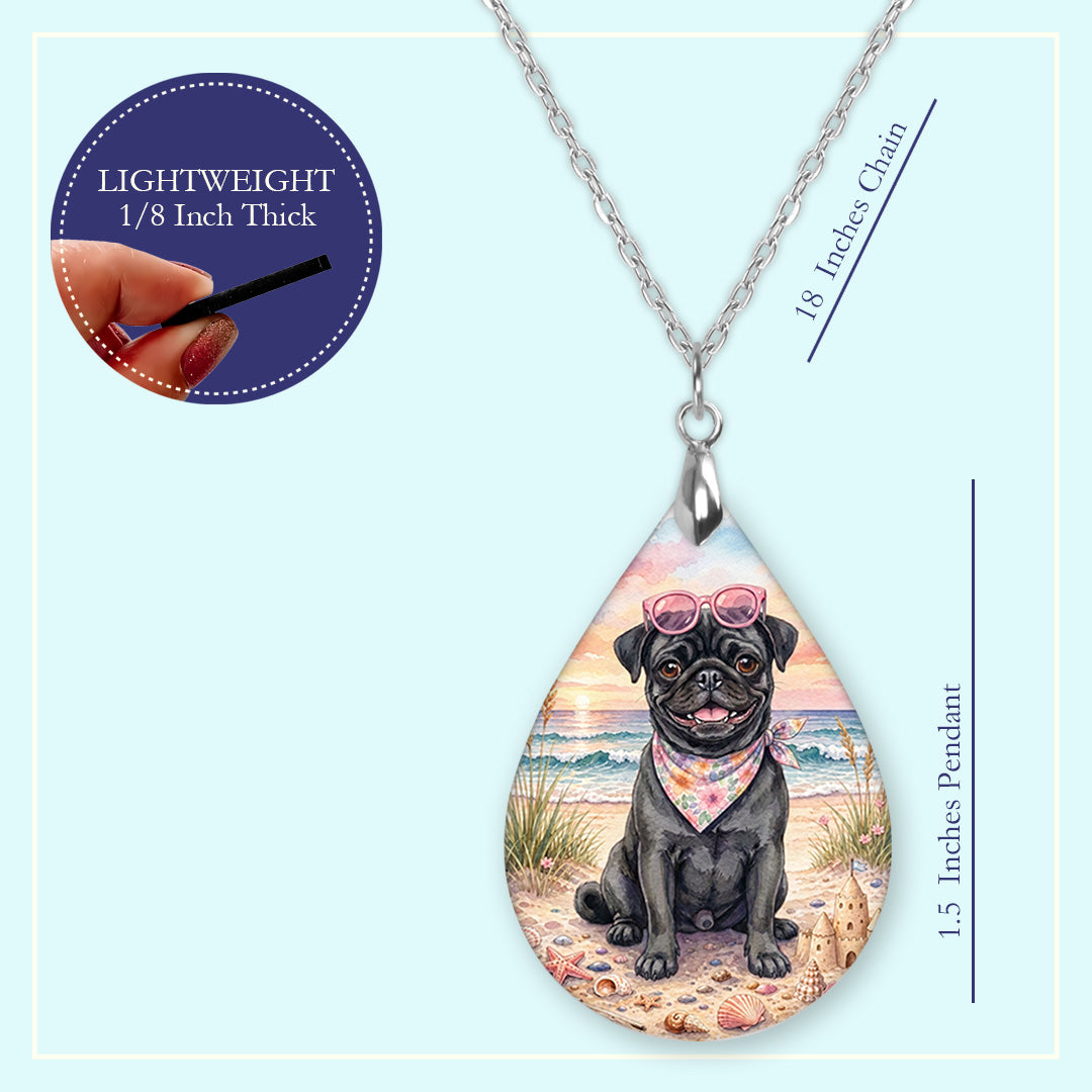Black Pug Beach Sunset Teardrop Earrings