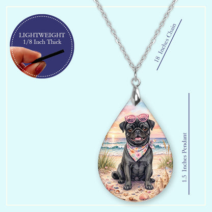 Black Pug Beach Sunset Teardrop Earrings
