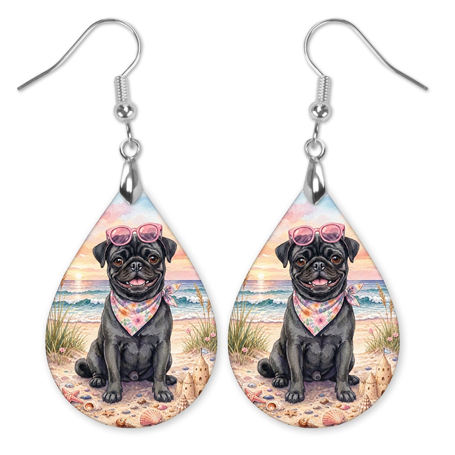 Black Pug Beach Sunset Teardrop Earrings