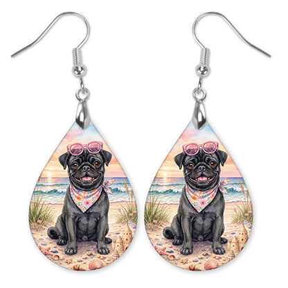 Black Pug Beach Sunset Teardrop Earrings