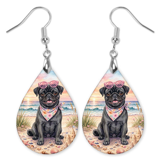 Black Pug Beach Sunset Teardrop Earrings