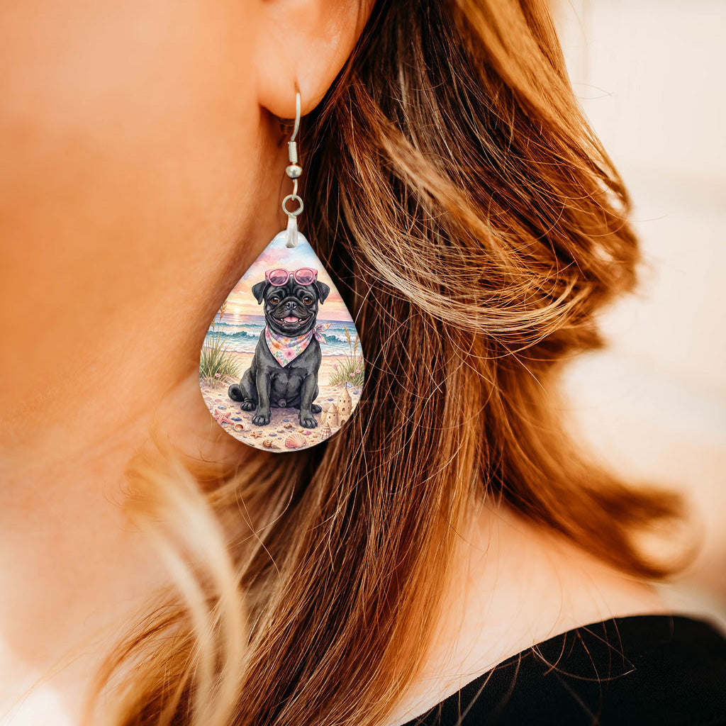 Black Pug Beach Sunset Teardrop Earrings
