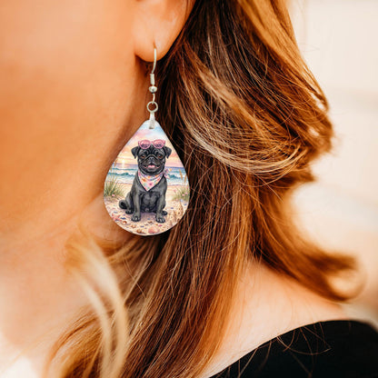 Black Pug Beach Sunset Teardrop Earrings