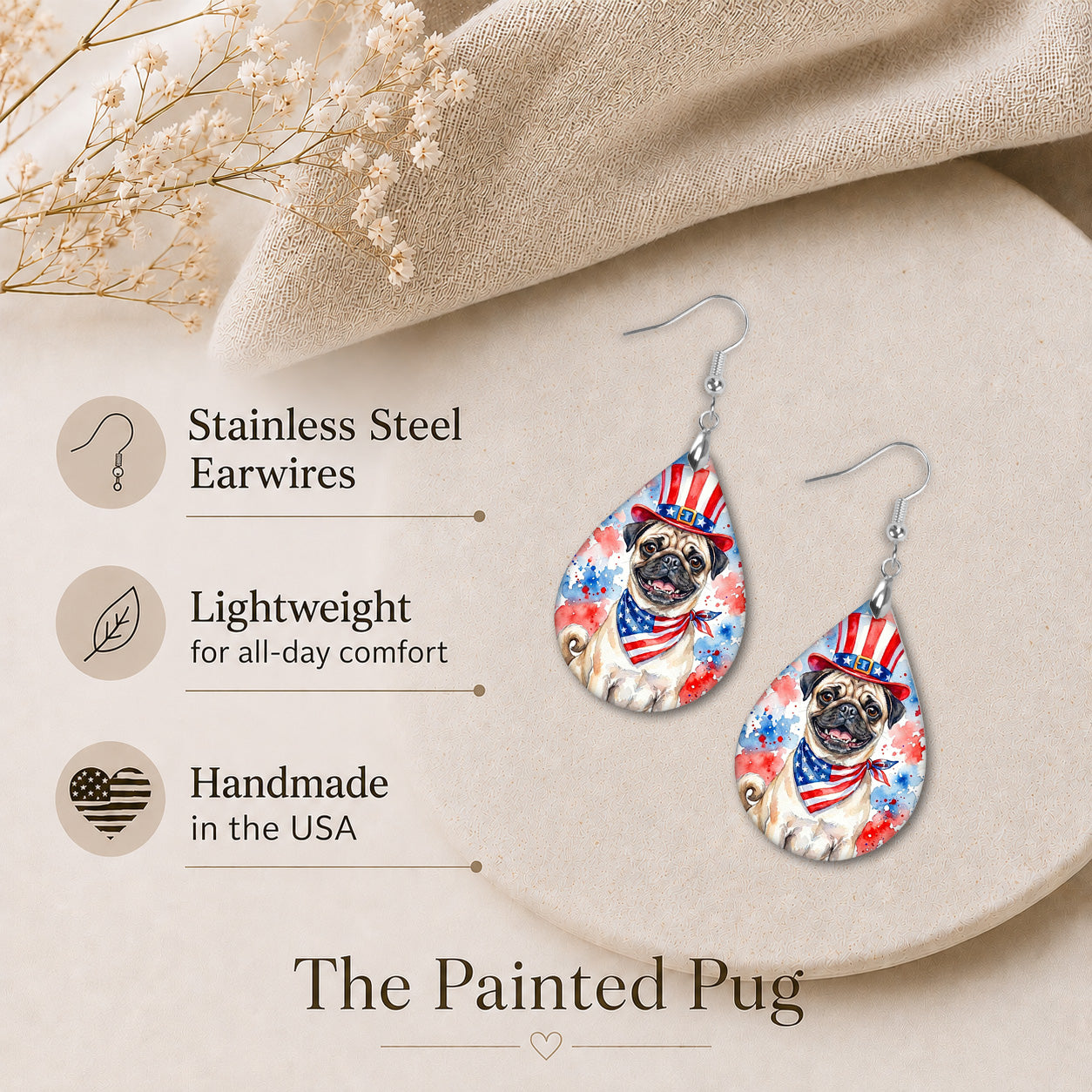 Fawn Pug 4th of July Earrings | Patriotic Pug Mom
