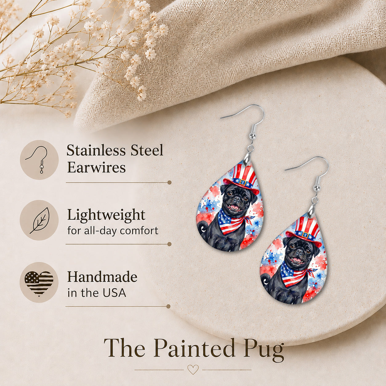 Black Pug 4th of July Earrings | Patriotic Pug Mom
