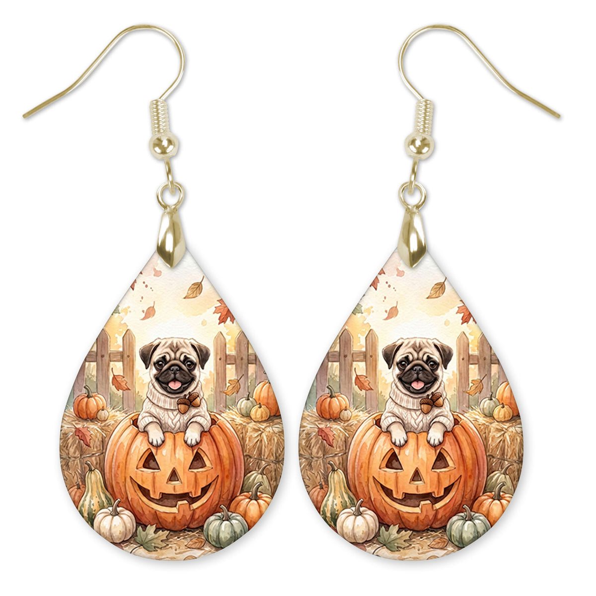 Fawn pug in a jack-o-lantern teardrop earrings with gold hooks