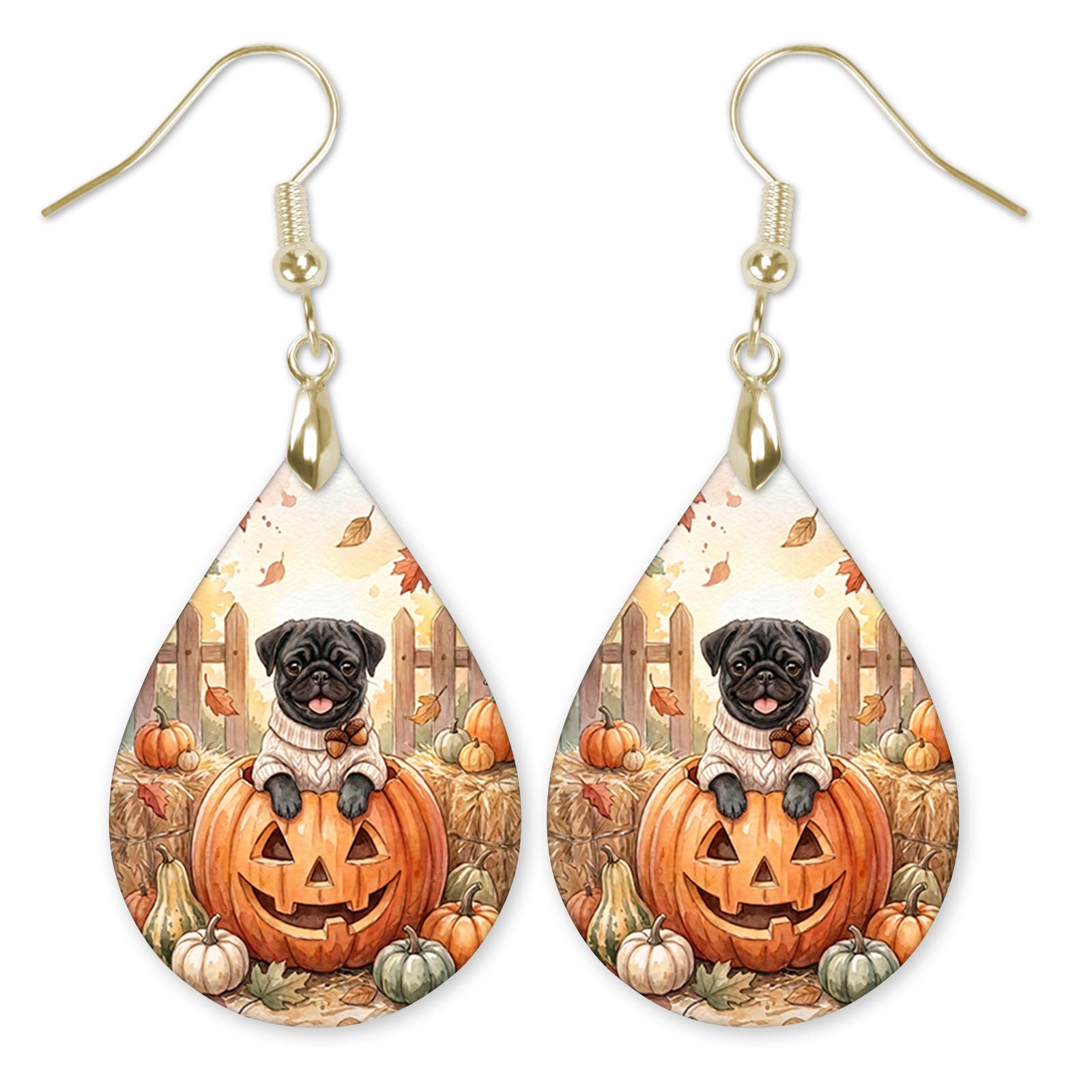 Black pug in a jack-o-lantern teardrop earrings with gold hooks