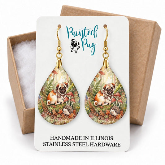 Fawn Pug Woodland Teardrop Earrings gift box