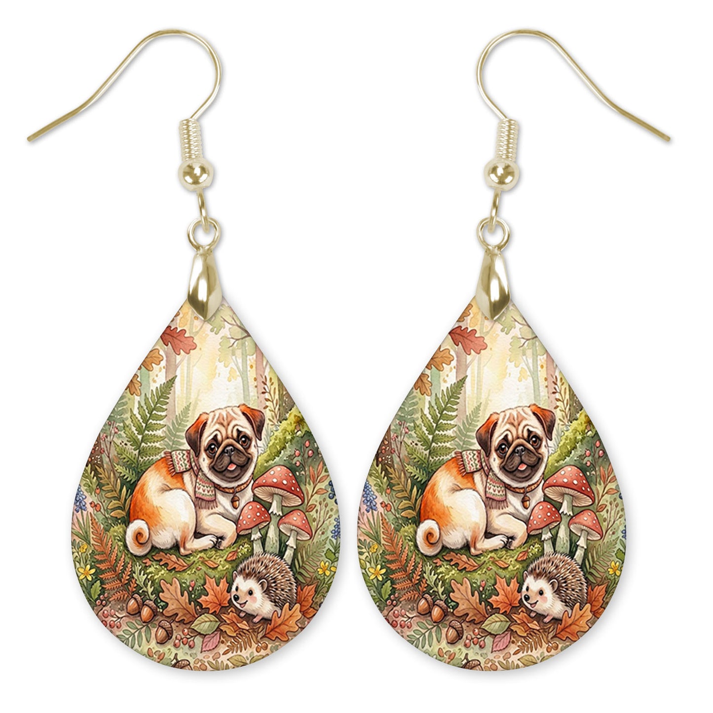 Fawn pug woodland teardrop earrings with gold hooks