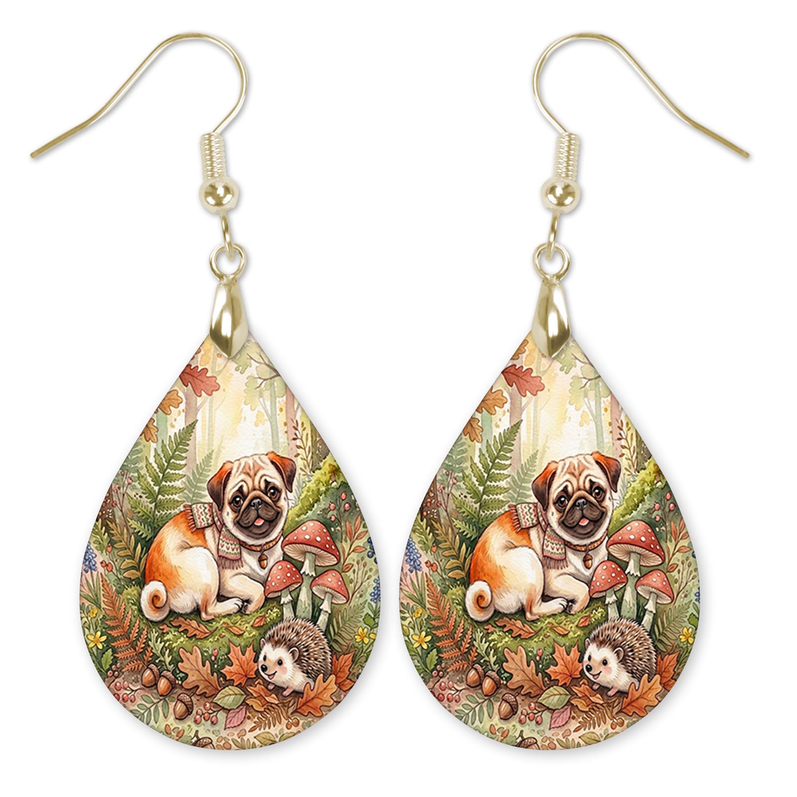 Fawn pug woodland teardrop earrings with gold hooks