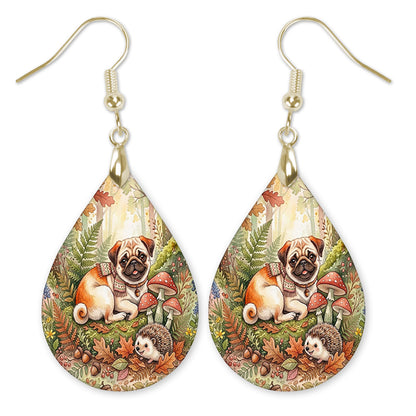 Fawn pug woodland teardrop earrings with gold hooks