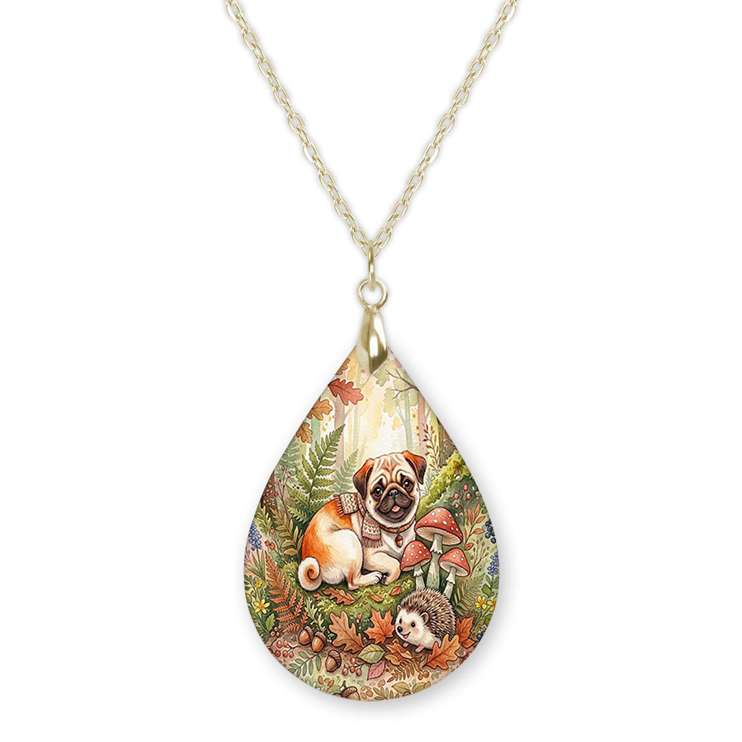 Fawn pug woodland teardrop necklace on a gold chain