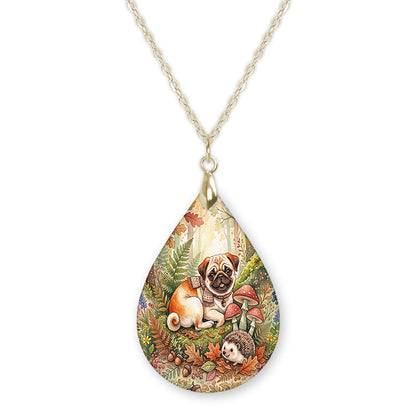 Fawn pug woodland teardrop necklace on a gold chain