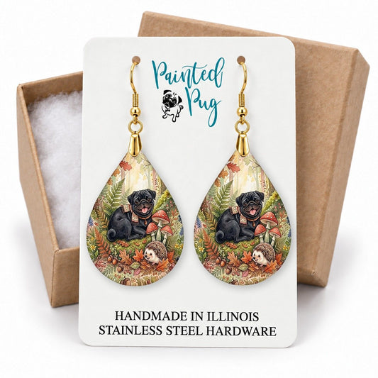 Black Pug Woodland Teardrop Earrings gift box