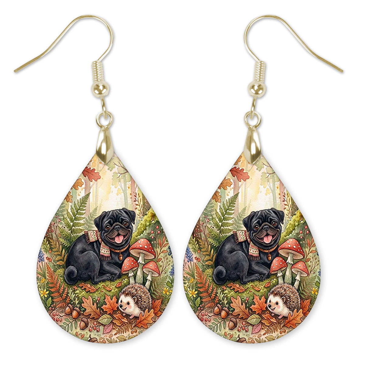 Black pug woodland teardrop earrings with gold hooks