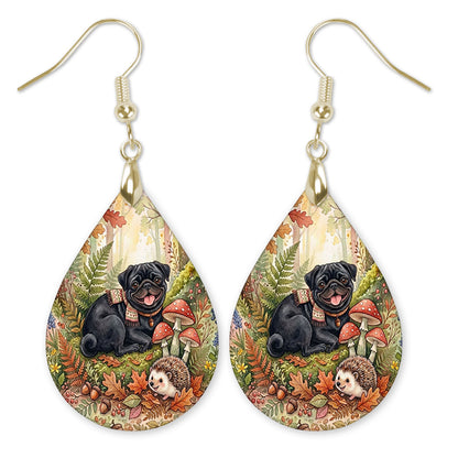 Black pug woodland teardrop earrings with gold hooks