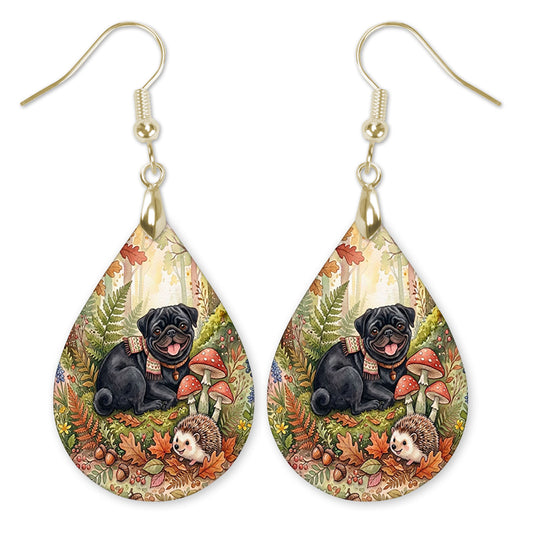 Black pug woodland teardrop earrings with gold hooks