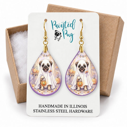 Fawn Pug Ghost Teardrop Earrings gift box