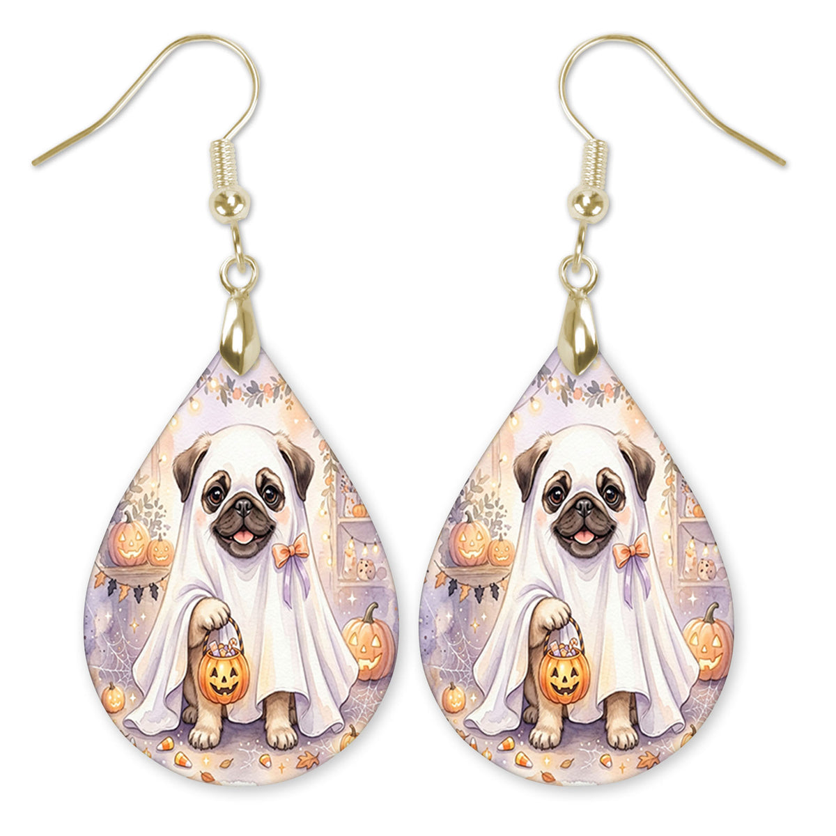 Fawn pug in a ghost costume teardrop earrings with gold hooks