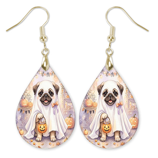 Fawn pug in a ghost costume teardrop earrings with gold hooks