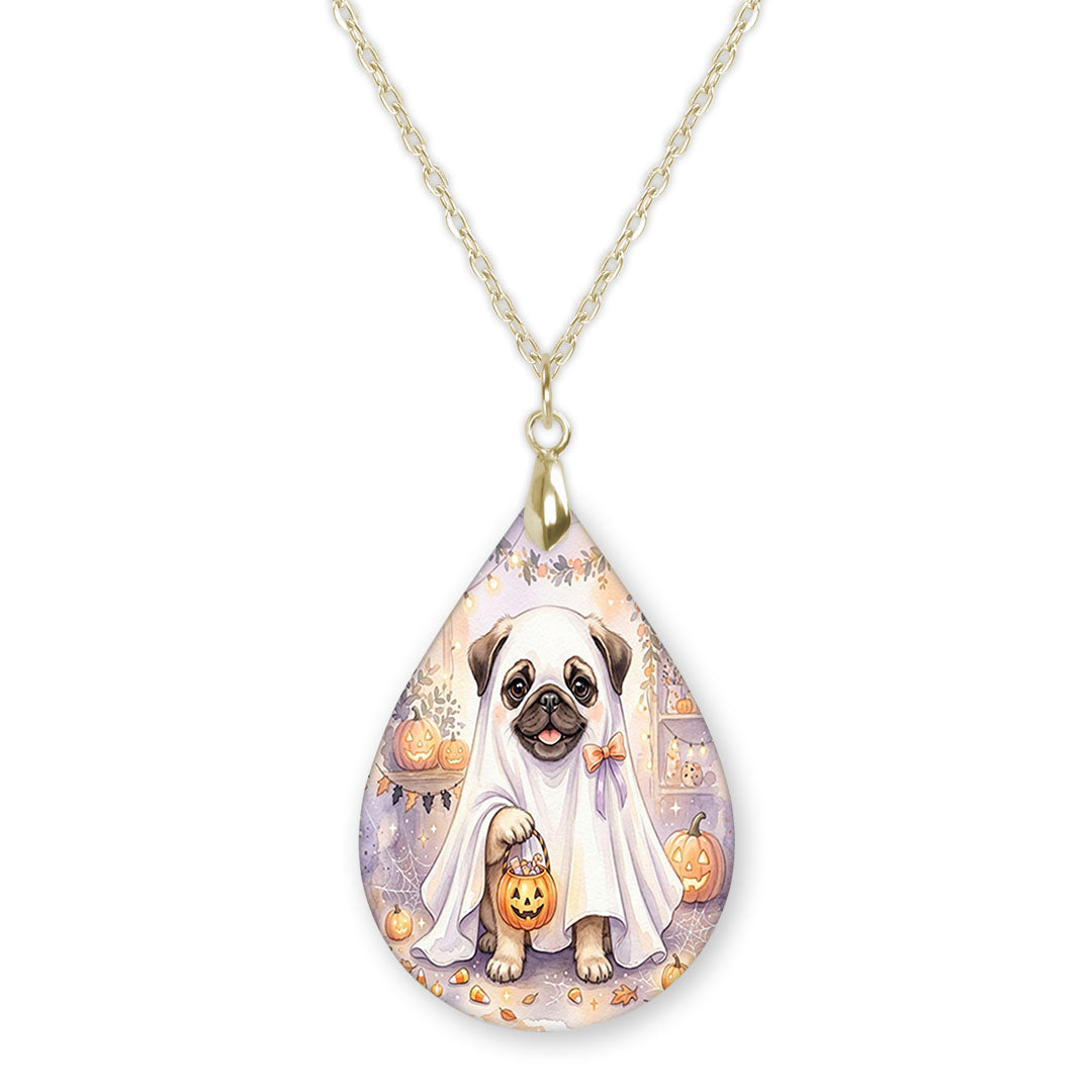 Fawn pug in a ghost costume teardrop necklace on a gold chain
