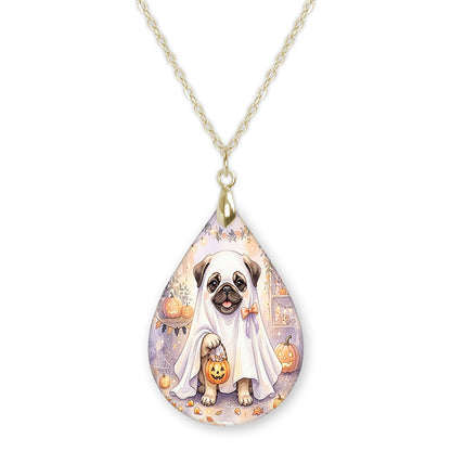 Fawn pug in a ghost costume teardrop necklace on a gold chain