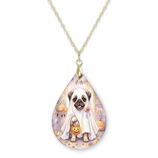 Fawn pug in a ghost costume teardrop necklace on a gold chain
