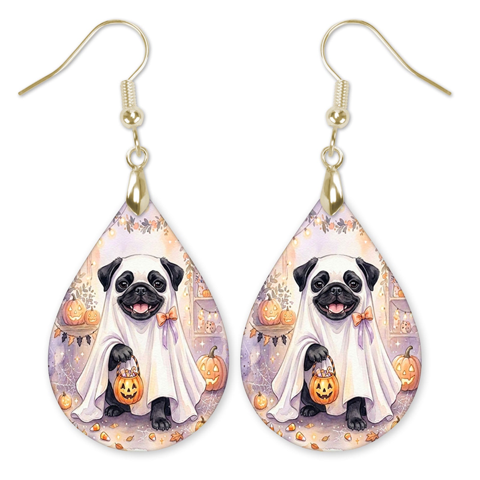 Black pug in a ghost costume teardrop earrings with gold hooks