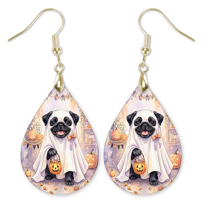 Black pug in a ghost costume teardrop earrings with gold hooks