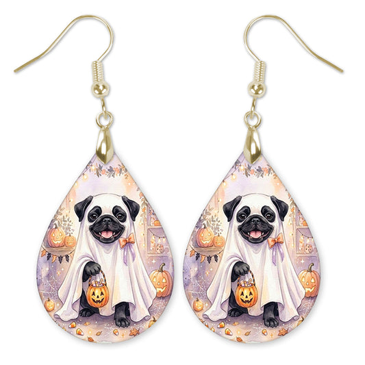 Black pug in a ghost costume teardrop earrings with gold hooks