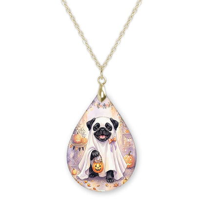 Black pug in a ghost costume teardrop necklace on a gold chain
