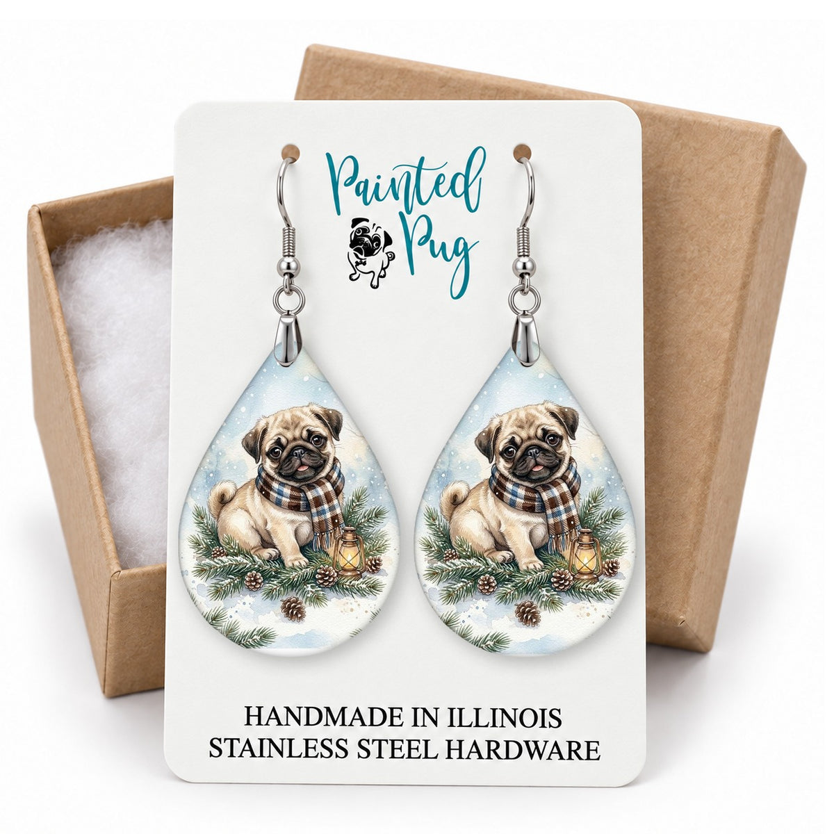 Fawn Pug Winter Woodland teardrop earrings on a gift box card