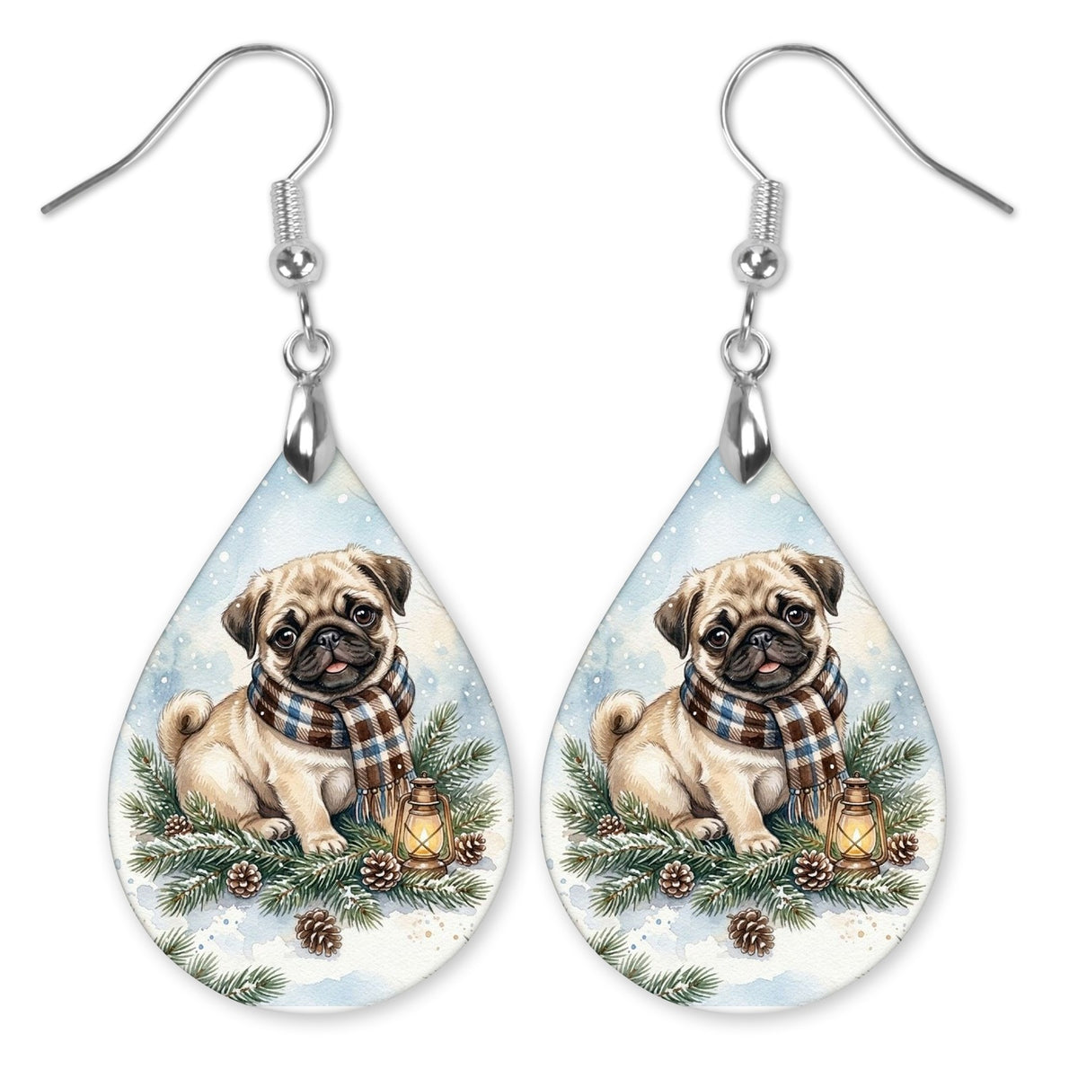 Fawn Pug Winter Woodland teardrop earrings with silver-tone hooks