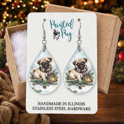 Fawn Pug Winter Woodland earrings in a gift box on a Christmas table