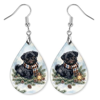 Black Pug Winter Woodland teardrop earrings with silver-tone hooks