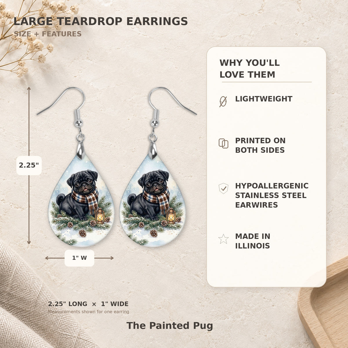 Earring size guide: 2.25 inches long with hook, 1 inch wide
