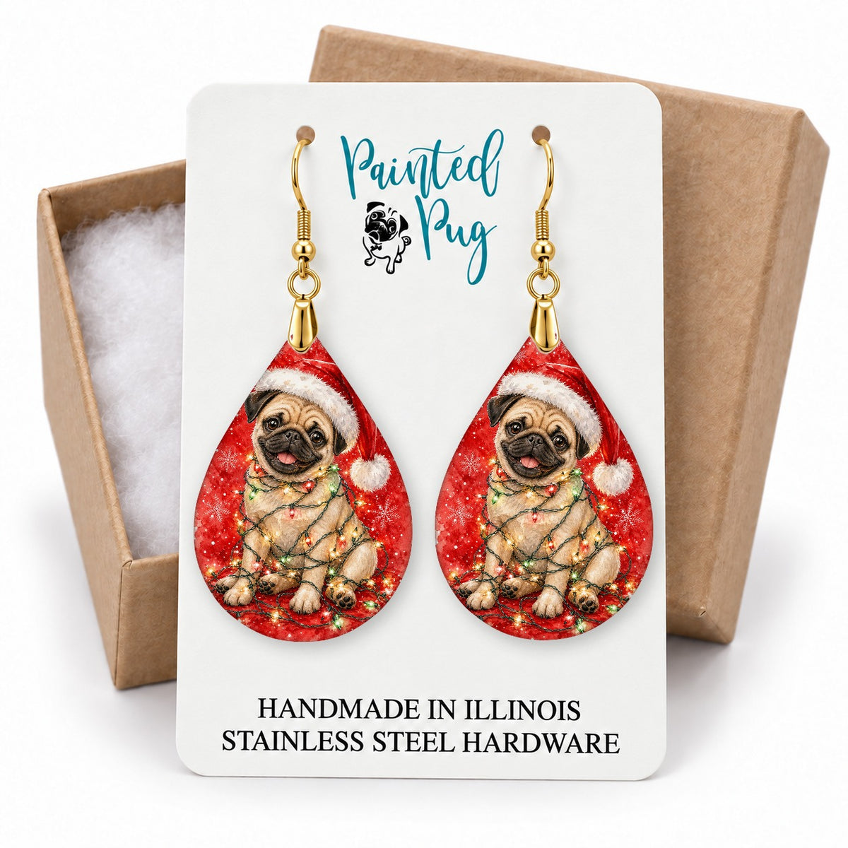 Fawn Pug Christmas Lights teardrop earrings on a gift box card