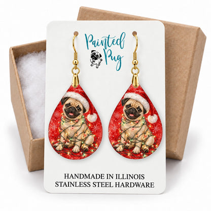 Fawn Pug Christmas Lights teardrop earrings on a gift box card