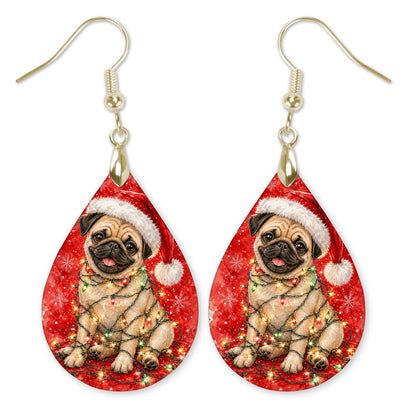 Fawn Pug Christmas Lights teardrop earrings with gold-tone hooks
