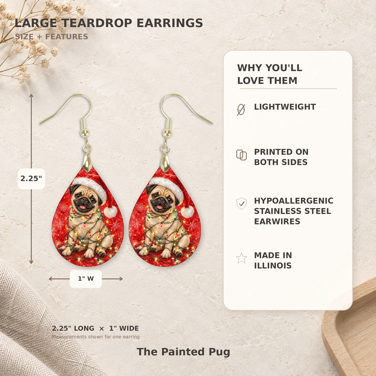 Earring size guide: 2.25 inches long with hook, 1 inch wide