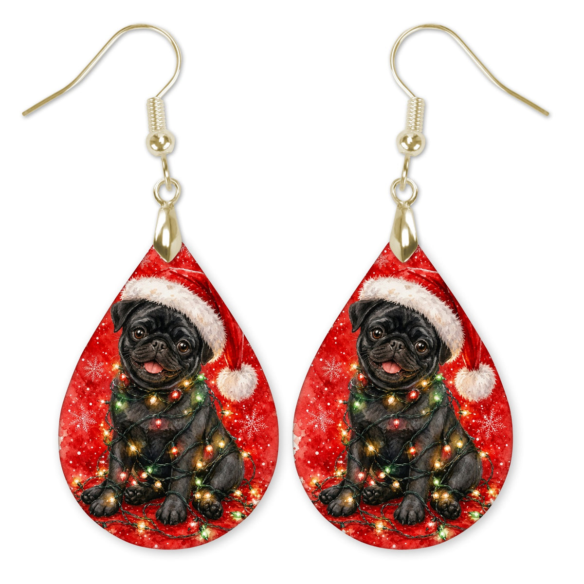 Black Pug Christmas Lights teardrop earrings with gold-tone hooks