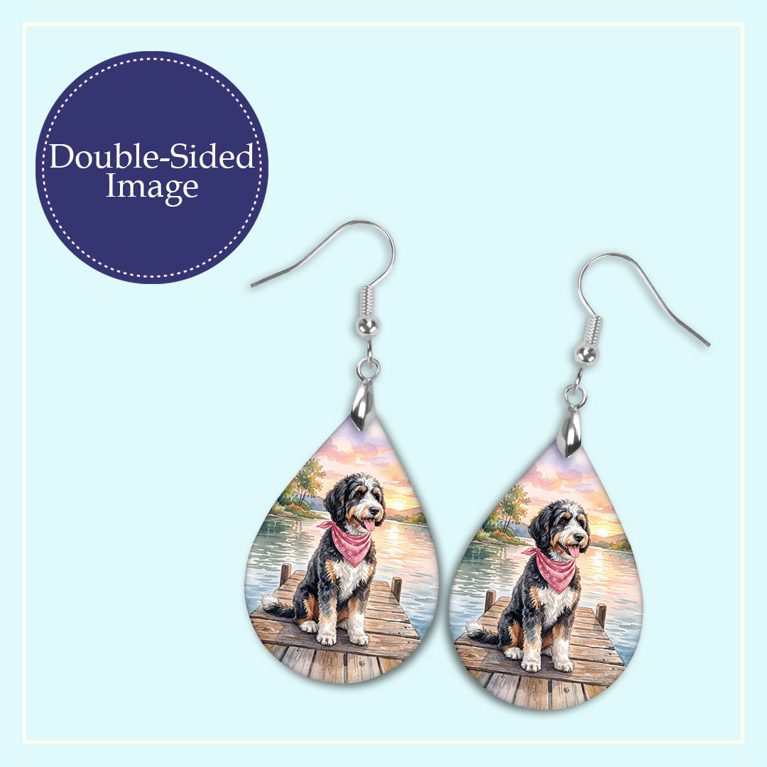 Bernedoodle Dog Mom Teardrop Dangle Earrings — Lake Scene 2 Sizes
