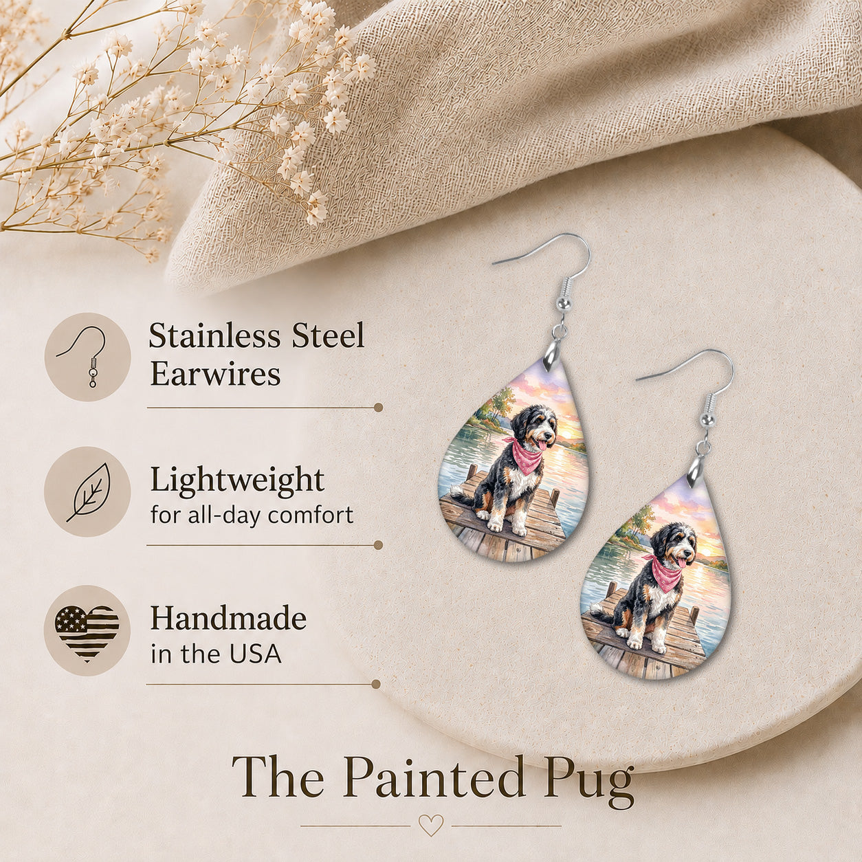 Bernedoodle Dog Mom Teardrop Dangle Earrings — Lake Scene 2 Sizes