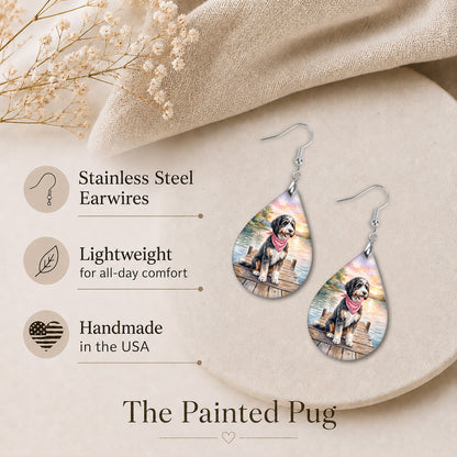Bernedoodle Dog Mom Teardrop Dangle Earrings — Lake Scene 2 Sizes