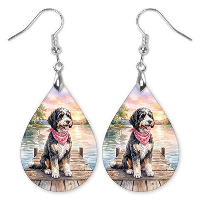 Bernedoodle Dog Mom Teardrop Dangle Earrings — Lake Scene 2 Sizes
