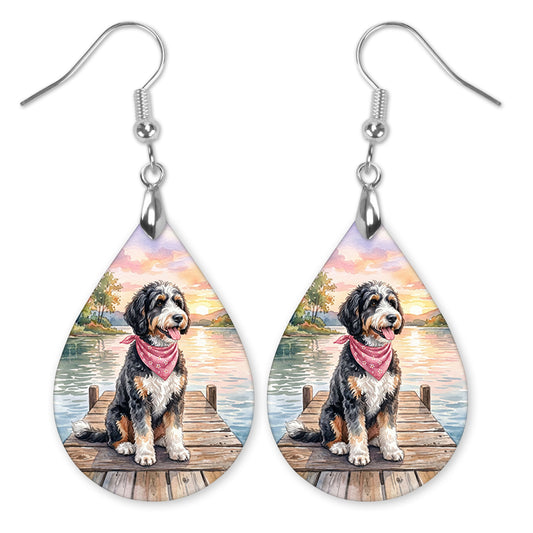 Bernedoodle Dog Mom Teardrop Dangle Earrings — Lake Scene 2 Sizes