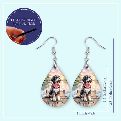 Bernedoodle Dog Mom Teardrop Dangle Earrings — Lake Scene 2 Sizes