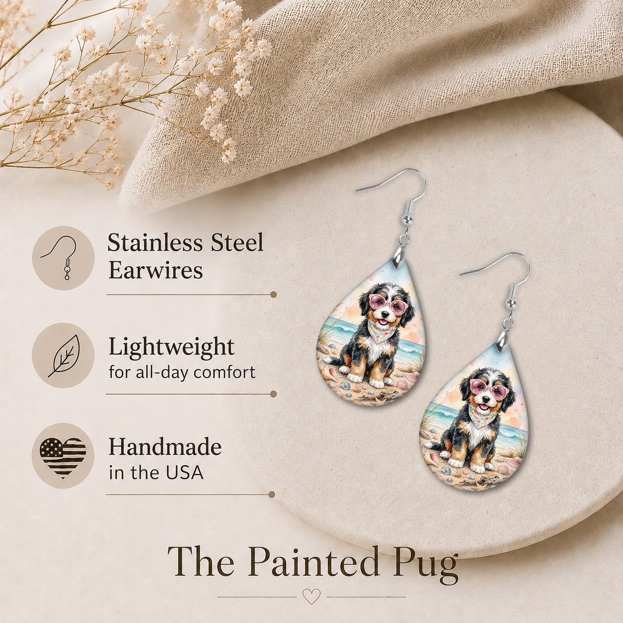 Bernedoodle Beach Dog Mom Teardrop Dangle Earrings — 2 Sizes